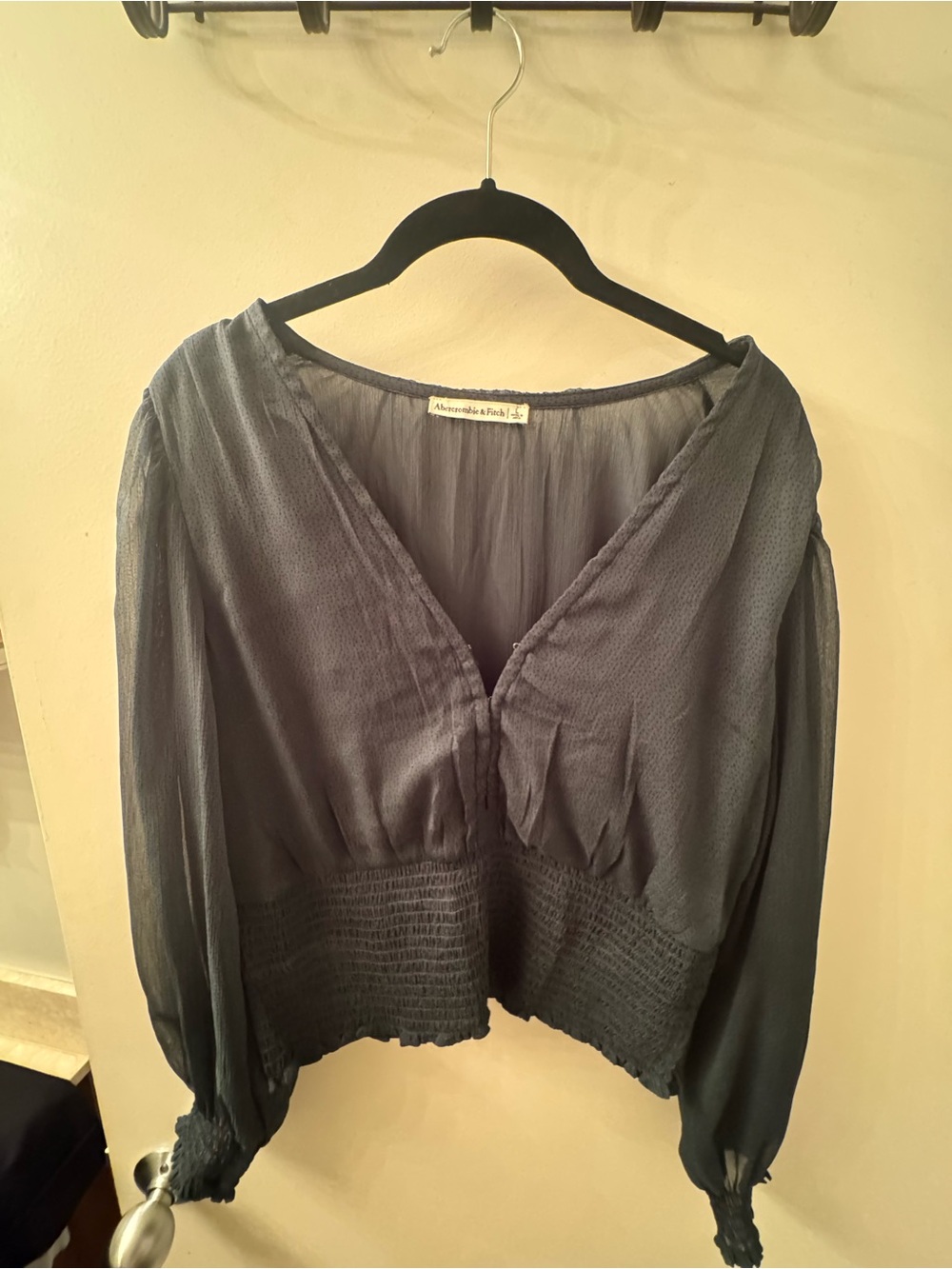Abercrombie & Fitch Women's Dark Green V-Neck Smocked Waist Blouse